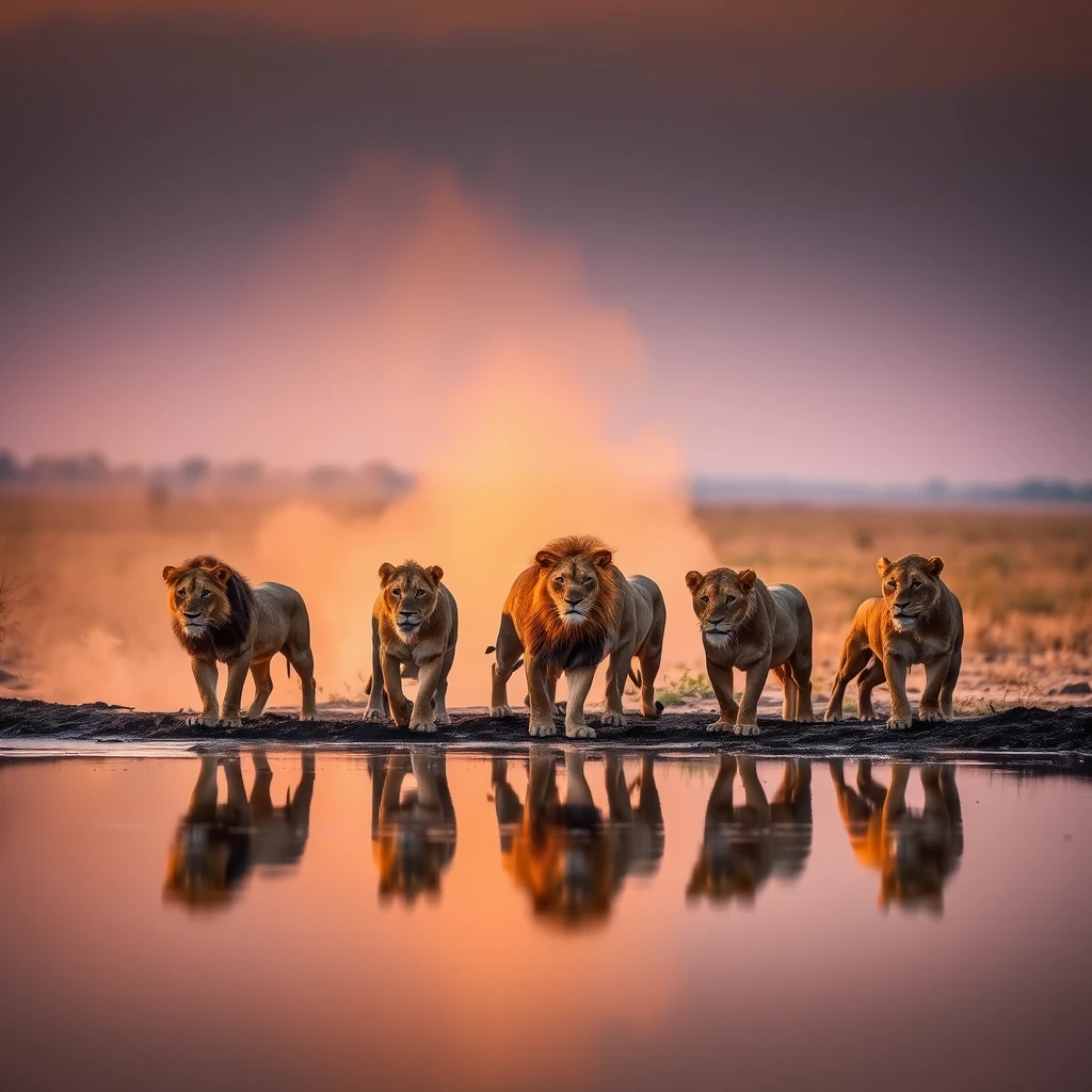 flux ai image10 about A pride of lions standing at the edge of a watering hole at sunset in the African savanna. Five lions in a row, their reflections mirrored perfectly in the still water. Warm orange and pink sky in the background with a hazy, dusty atmosphere. Dramatic lighting highlighting the lions' manes and silhouettes. Professional wildlife photography with high detail and vibrant colors.