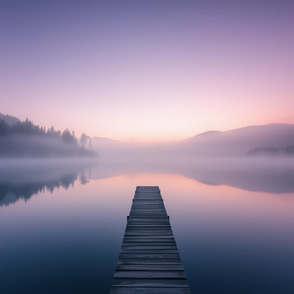 flux ai image4 about Misty lake at dawn with wooden pier, reflecting pastel sky