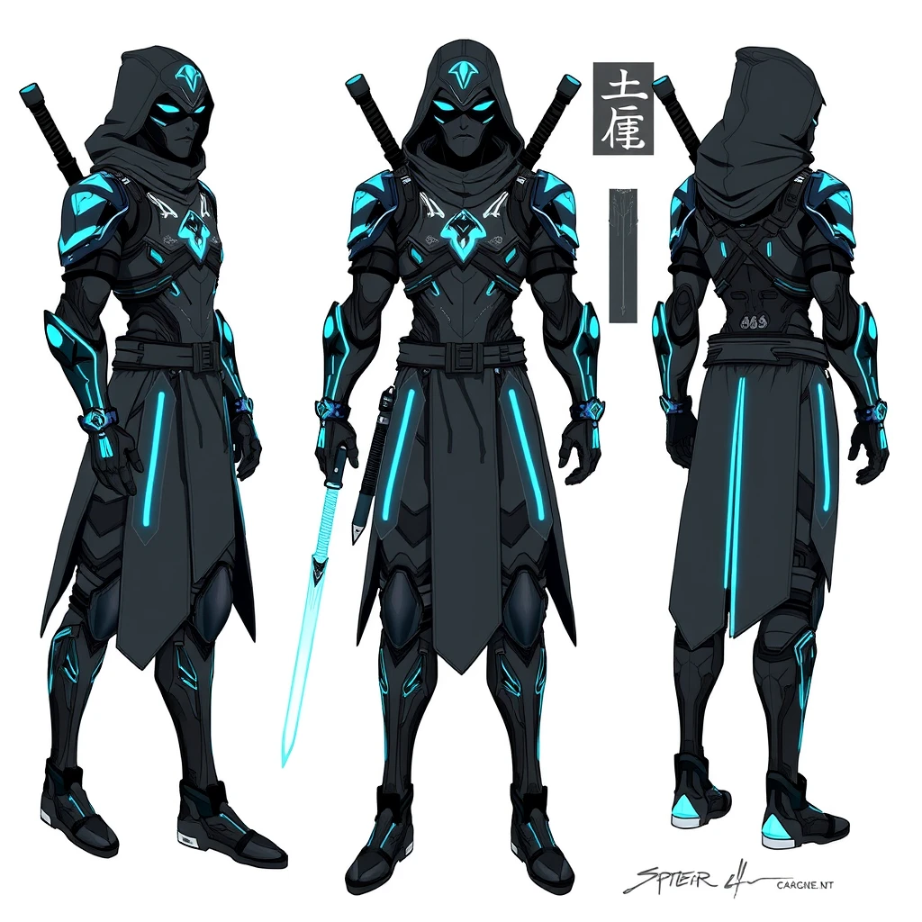 flux ai image9 about Futuristic cyber ninja character design, full body view from three angles: front, side, and back. Dark armor with glowing cyan accents. Hooded figure with glowing eyes. Equipped with energy sword and dual katanas. Sleek and streamlined sci-fi aesthetic. Black and neon blue color scheme. Concept art style